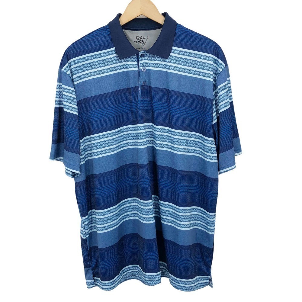 R&R Casual Golf Polo Shirt Men's Size Large Blue Striped Short Sleeve Activewear